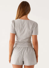 Adalina Button Up Top - Grey Check