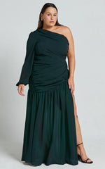 Grittah Maxi Dress - One Shoulder Bishop Sleeve High Split Ruched Dress in Emerald