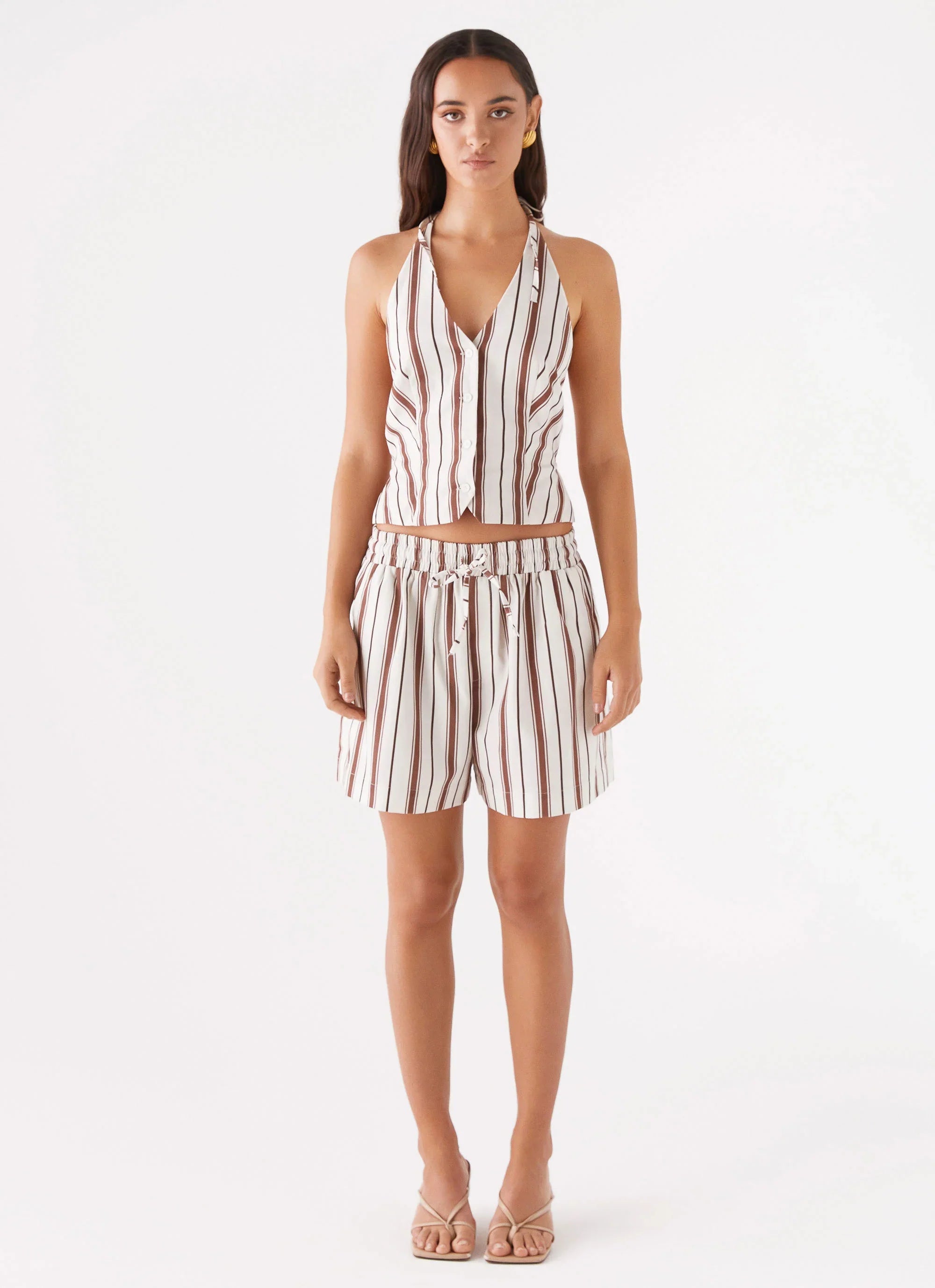 Kristen Linen Drawstring Shorts - Brown Stripe