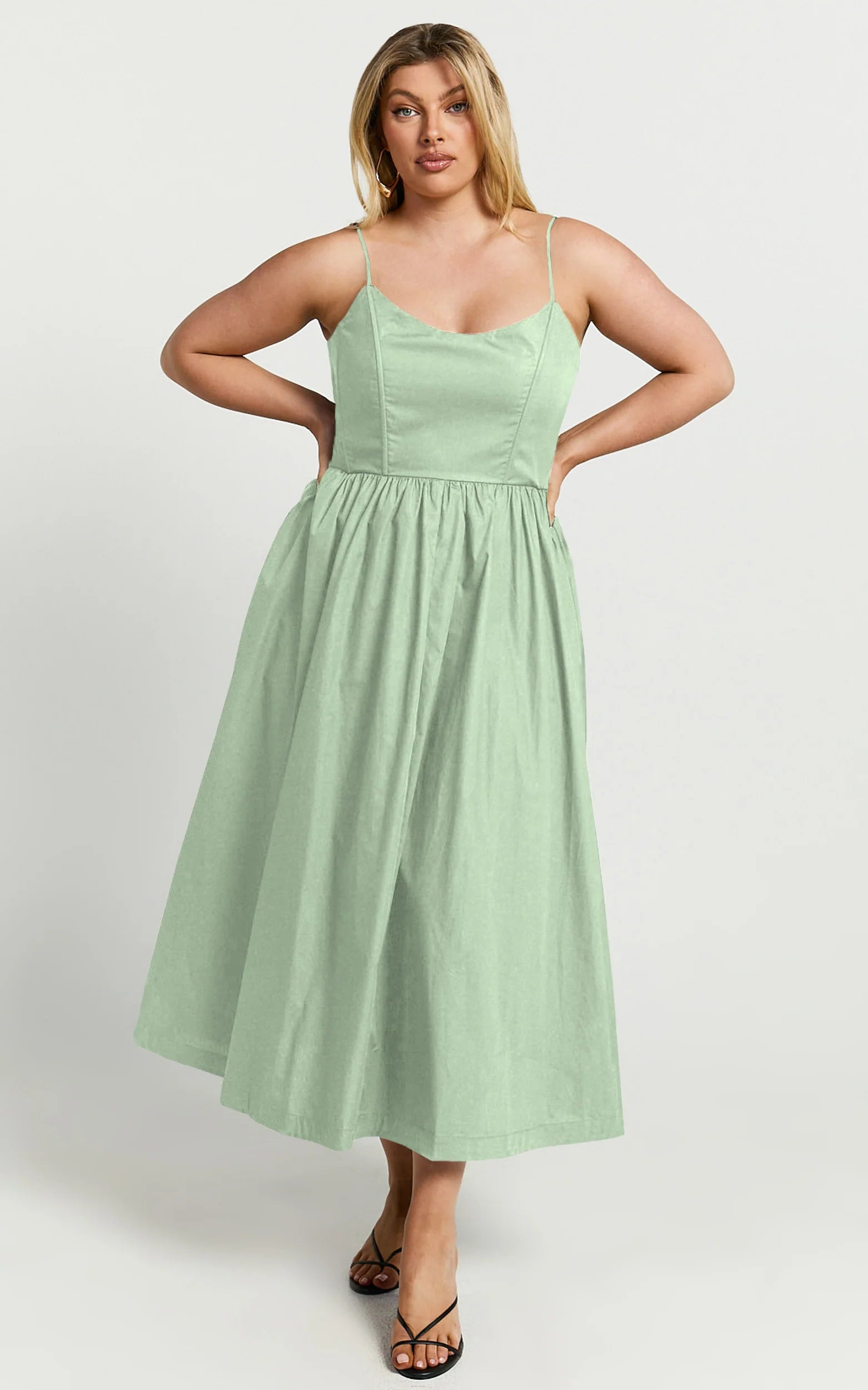 Braelyn Midi Dress - Scoop Neck Flare Dress in Sage