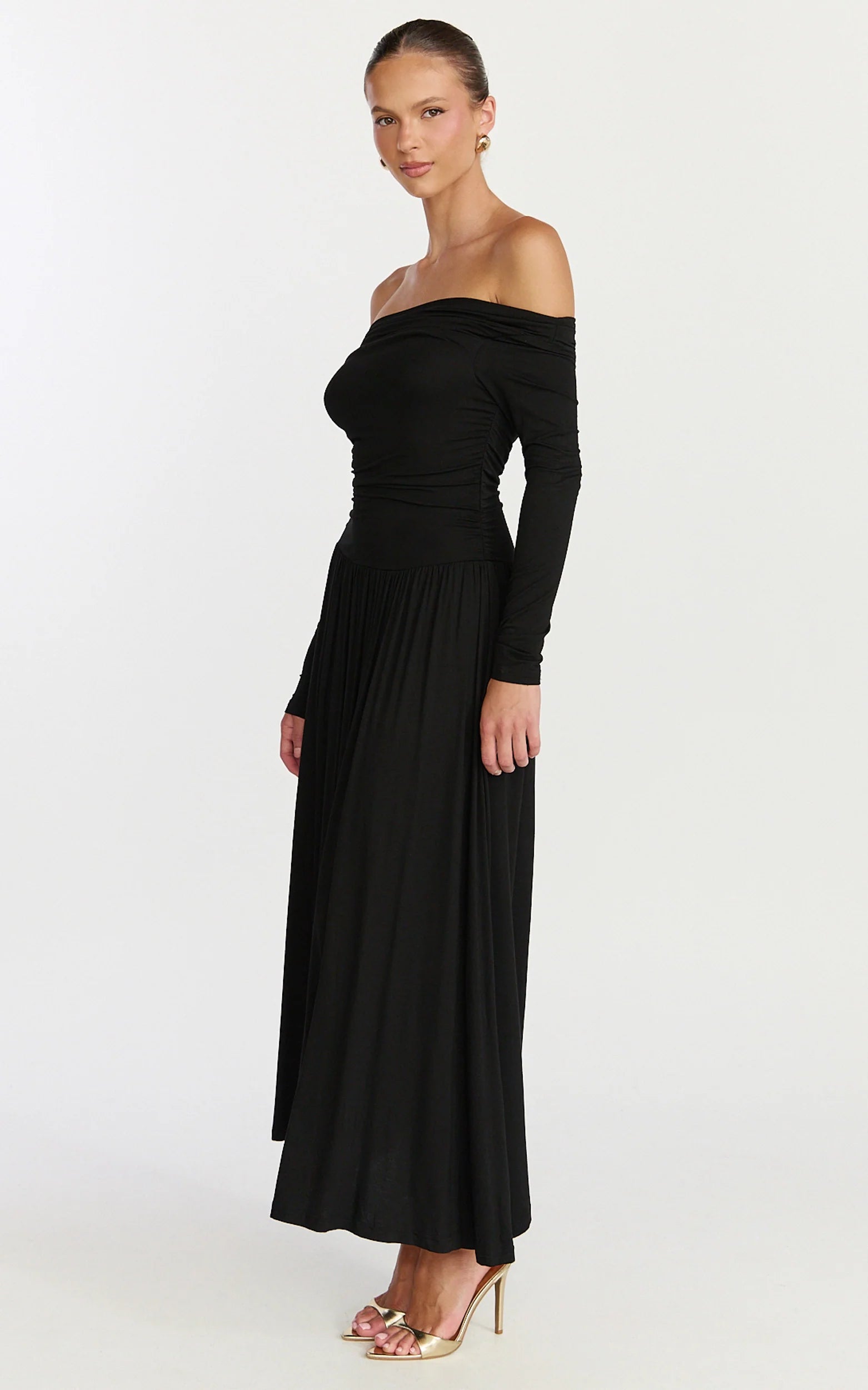 Antonia Midi Dress - Off The Shoulder Long Sleeve Dress in Black