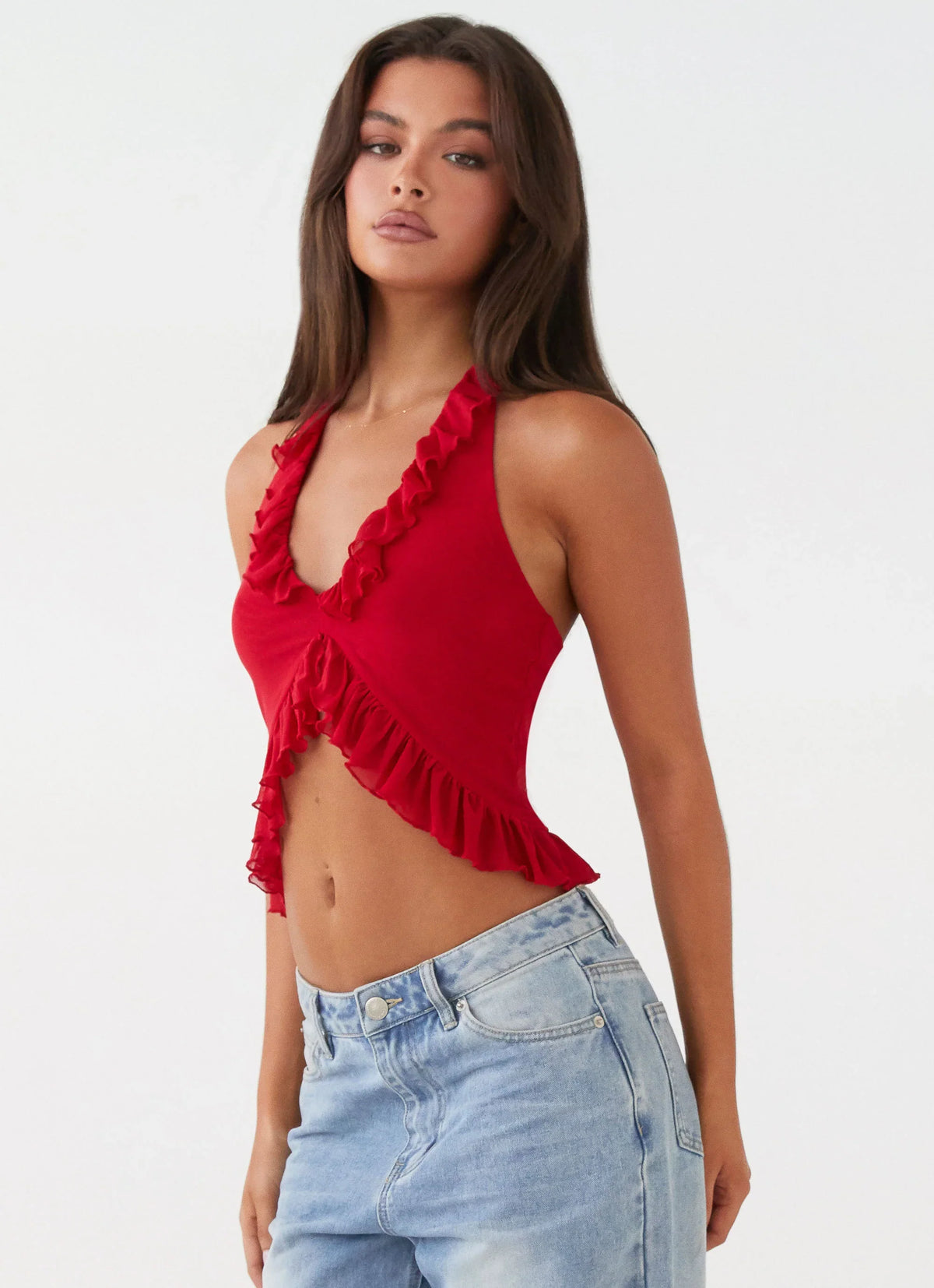 Tanya Mesh Frill Top - Red