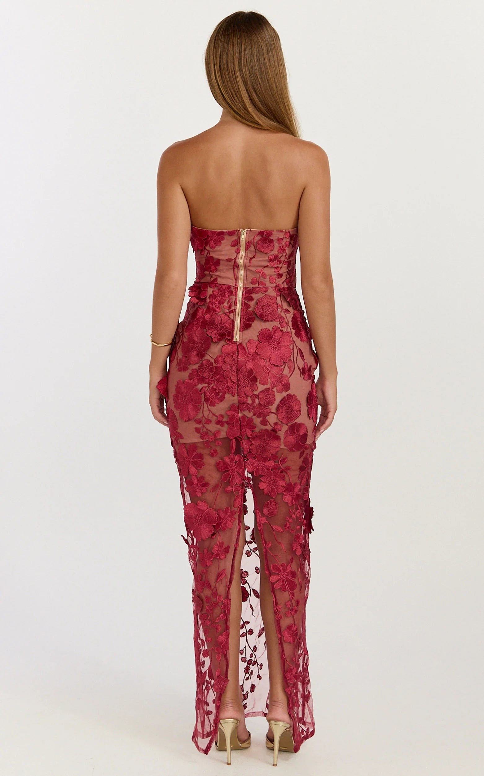 Sienna Maxi Dress - 3D Floral Strapless Column Dress in Wine