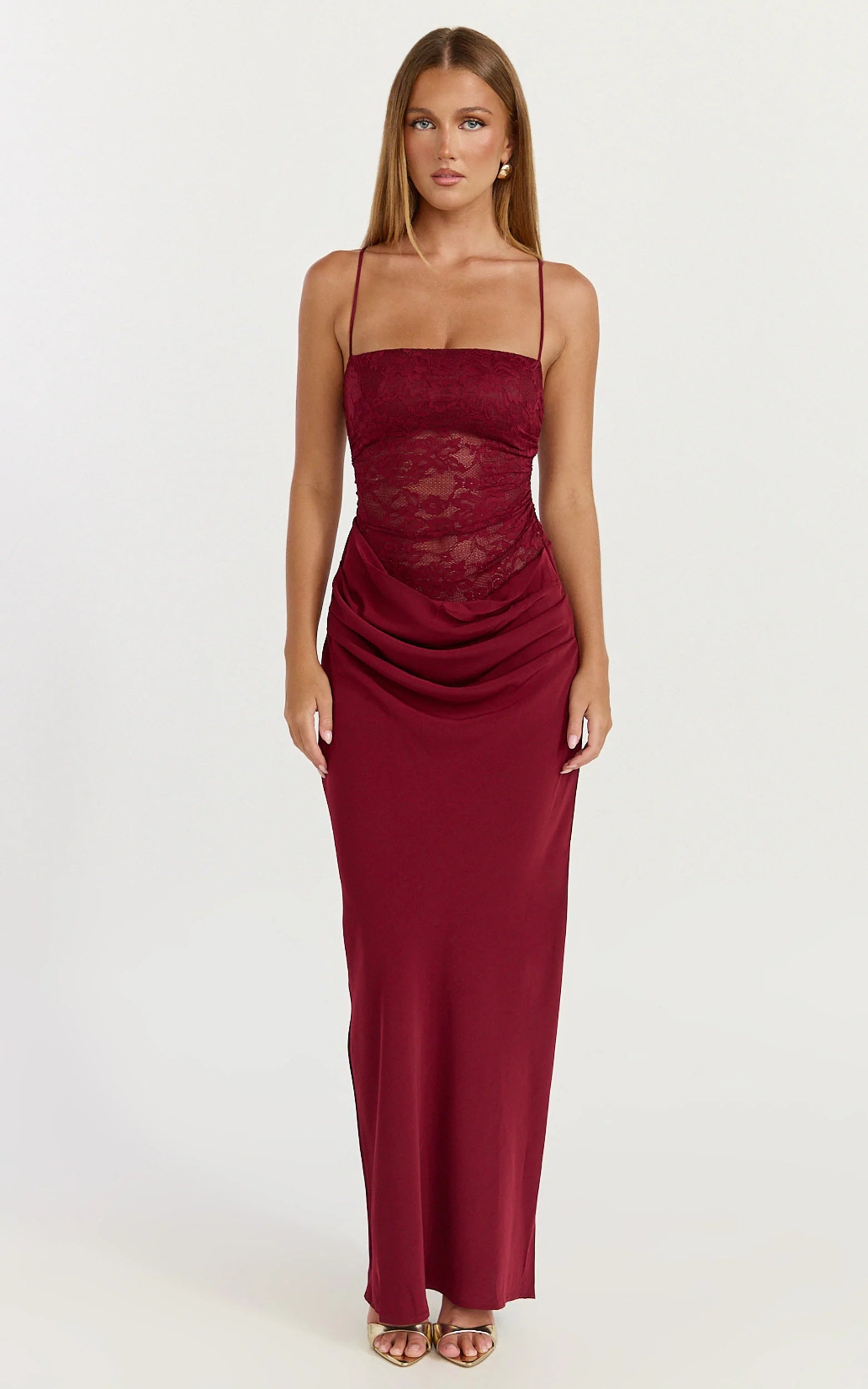 Rania Maxi Dress - Contrast Lace Bodice Bias Cowl Drop Waist Dress in Wine