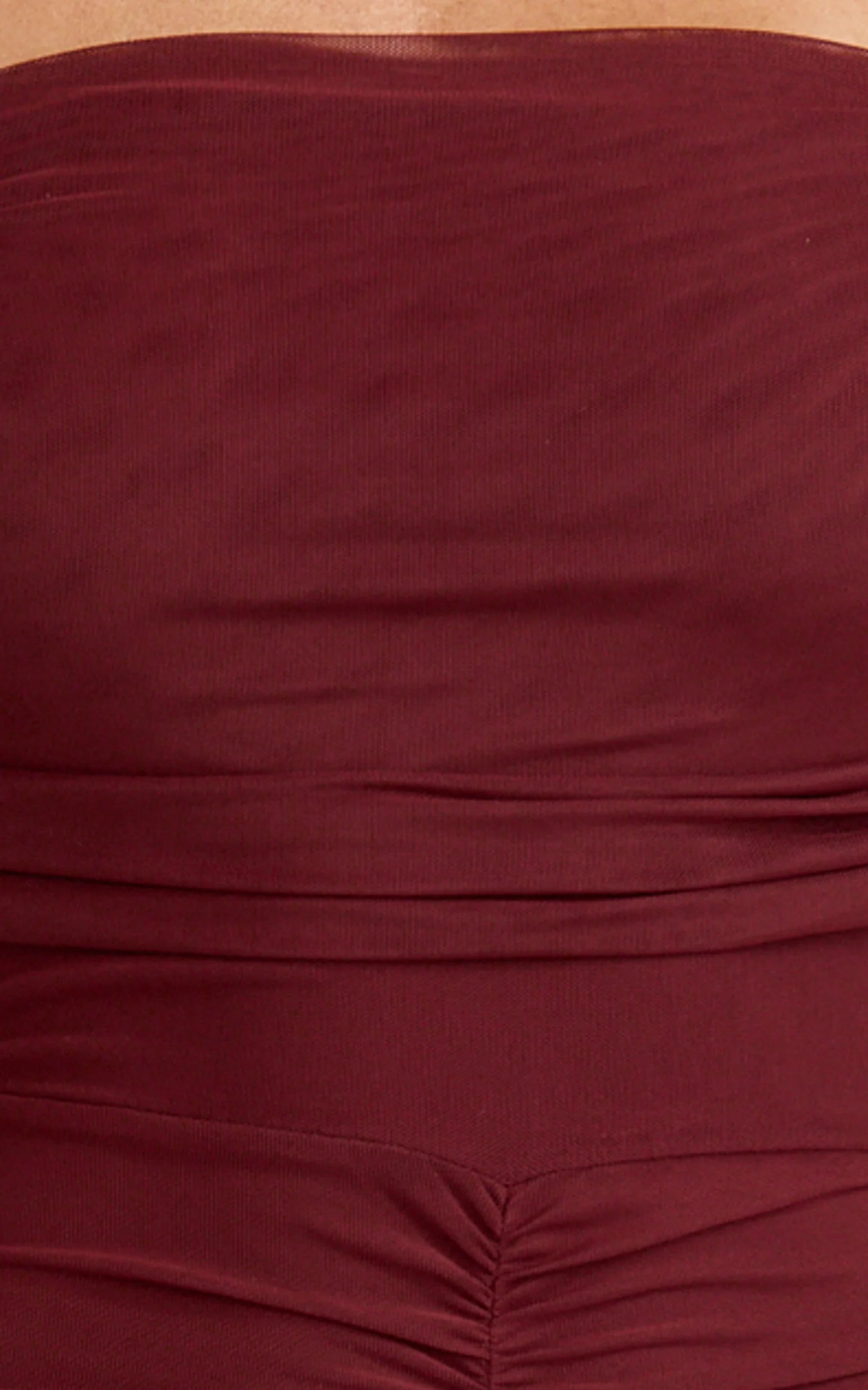 Alanna Maxi Dress - Off Shoulder Ruched Mesh Dress in Wine