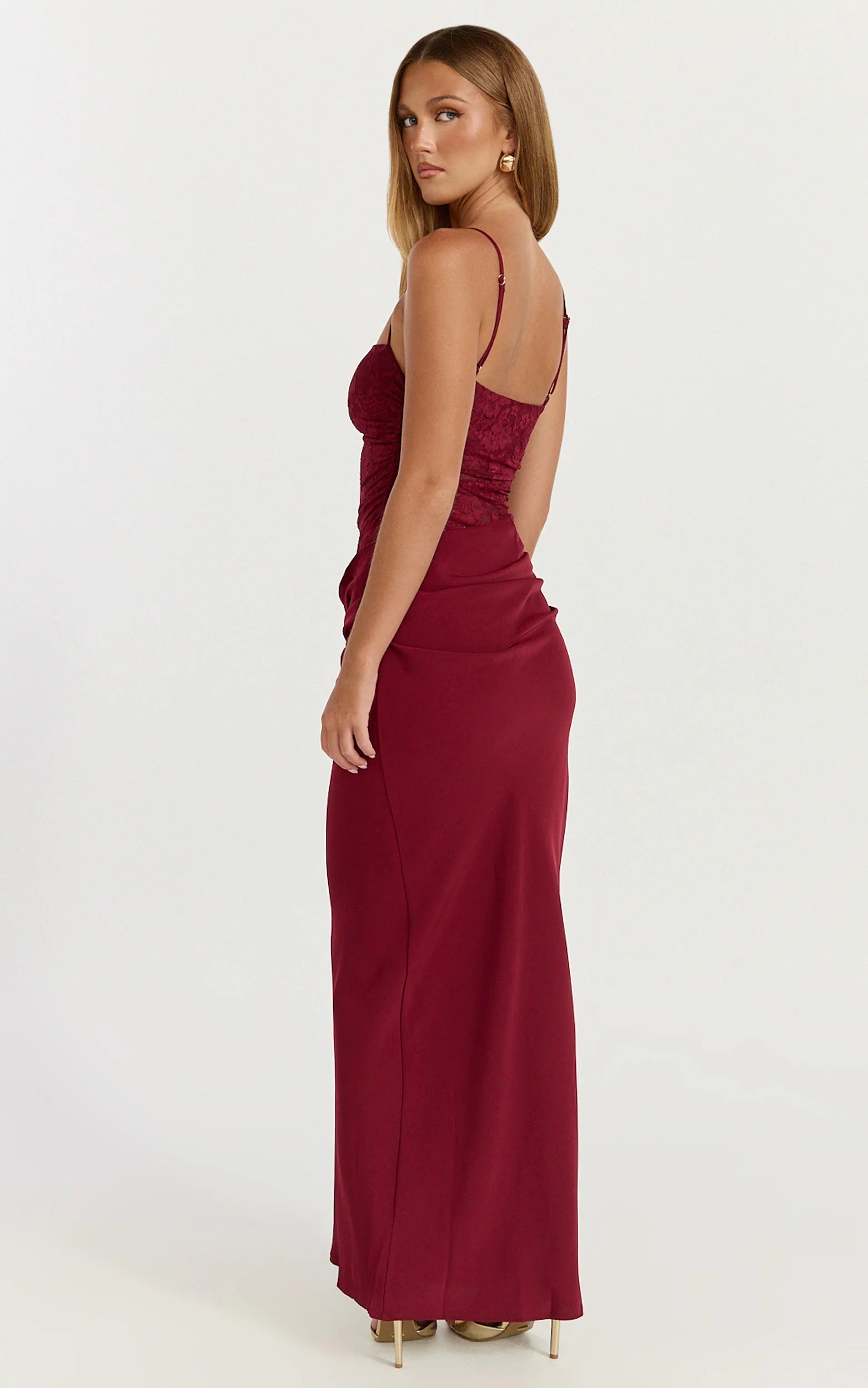 Rania Maxi Dress - Contrast Lace Bodice Bias Cowl Drop Waist Dress in Wine