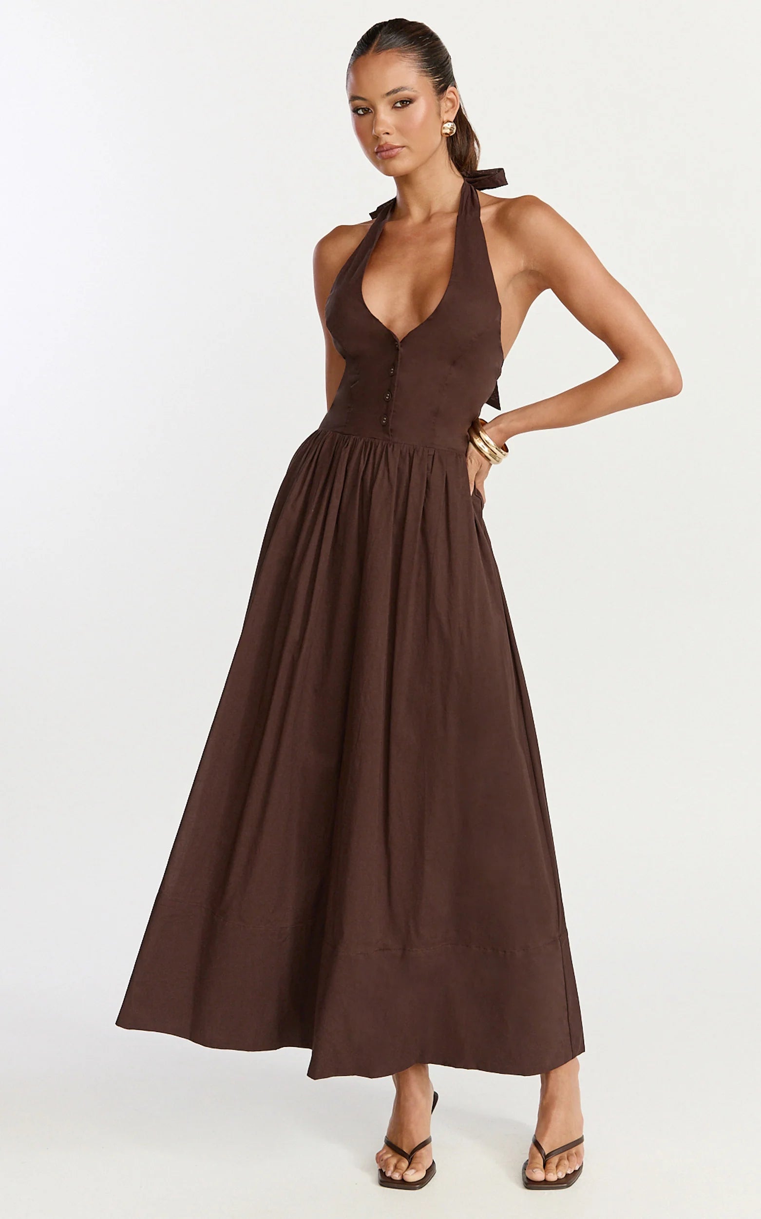 Everly Midi Dress - Tie Halter Neck Button Down Bodice Fit And Flare Dress in Chocolate