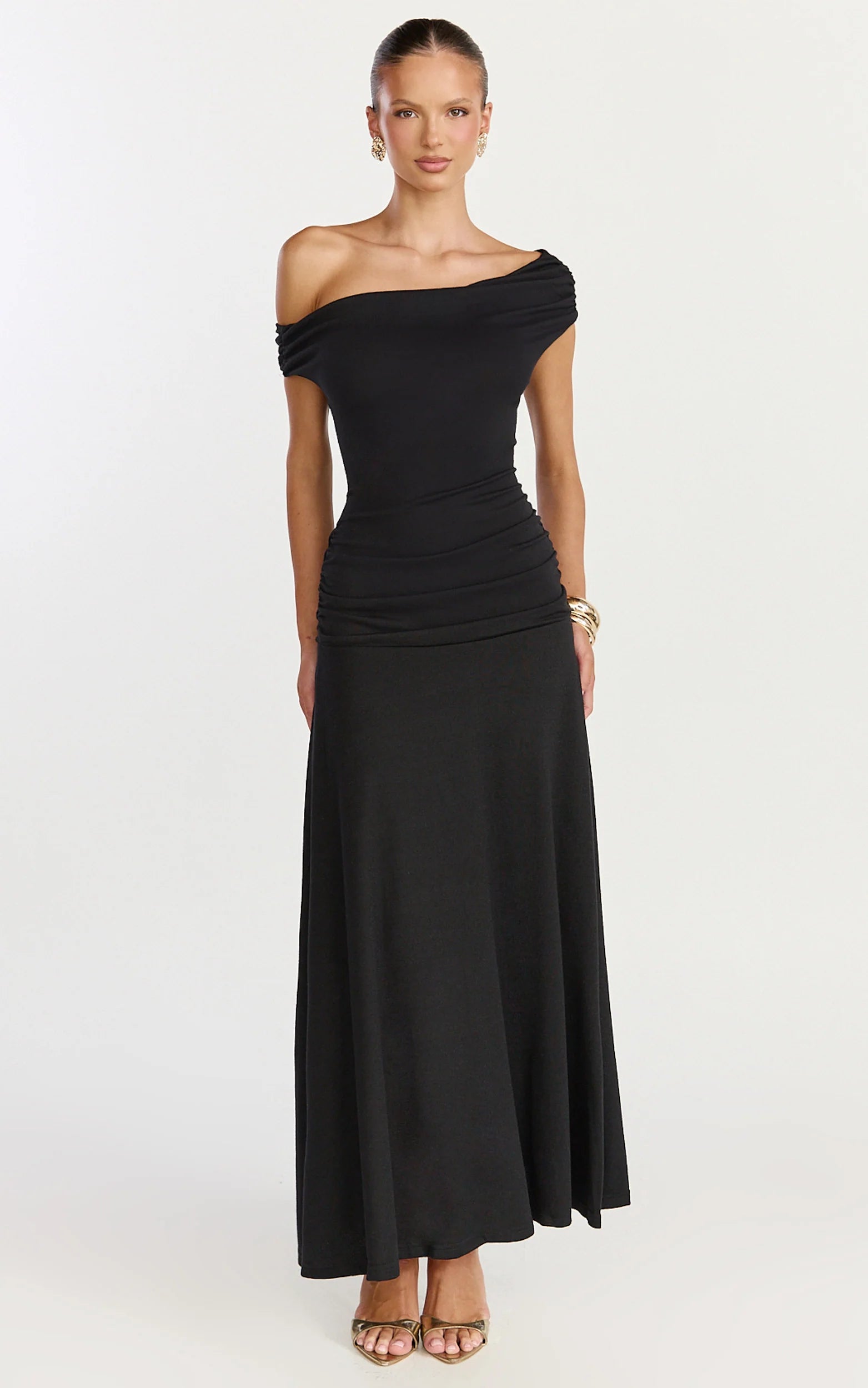 Ophelia Maxi Dress - Off Shoulder Ruched Fit And Flare Dress in Black